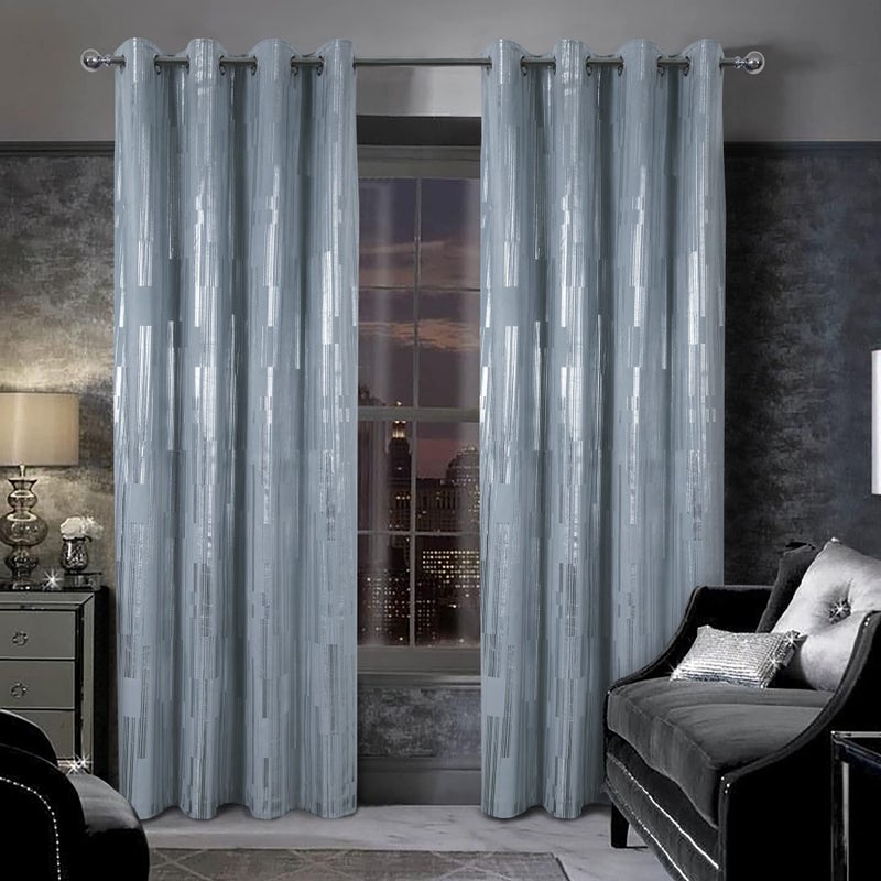 always4u Soft Velvet Curtains 108 Inches Long Luxury Foil Print Bedroom Curtains Energy Efficient Window Treatments for Living Room Set of 2 Silver - Image 1
